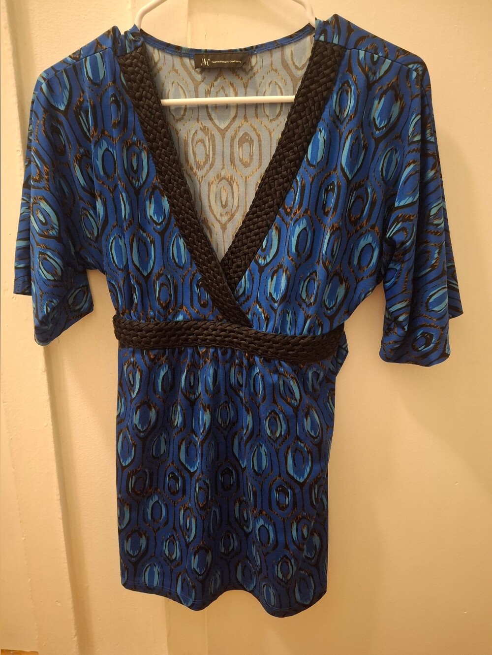 Blue and Black Printed V-Neck Top with Braided Trim